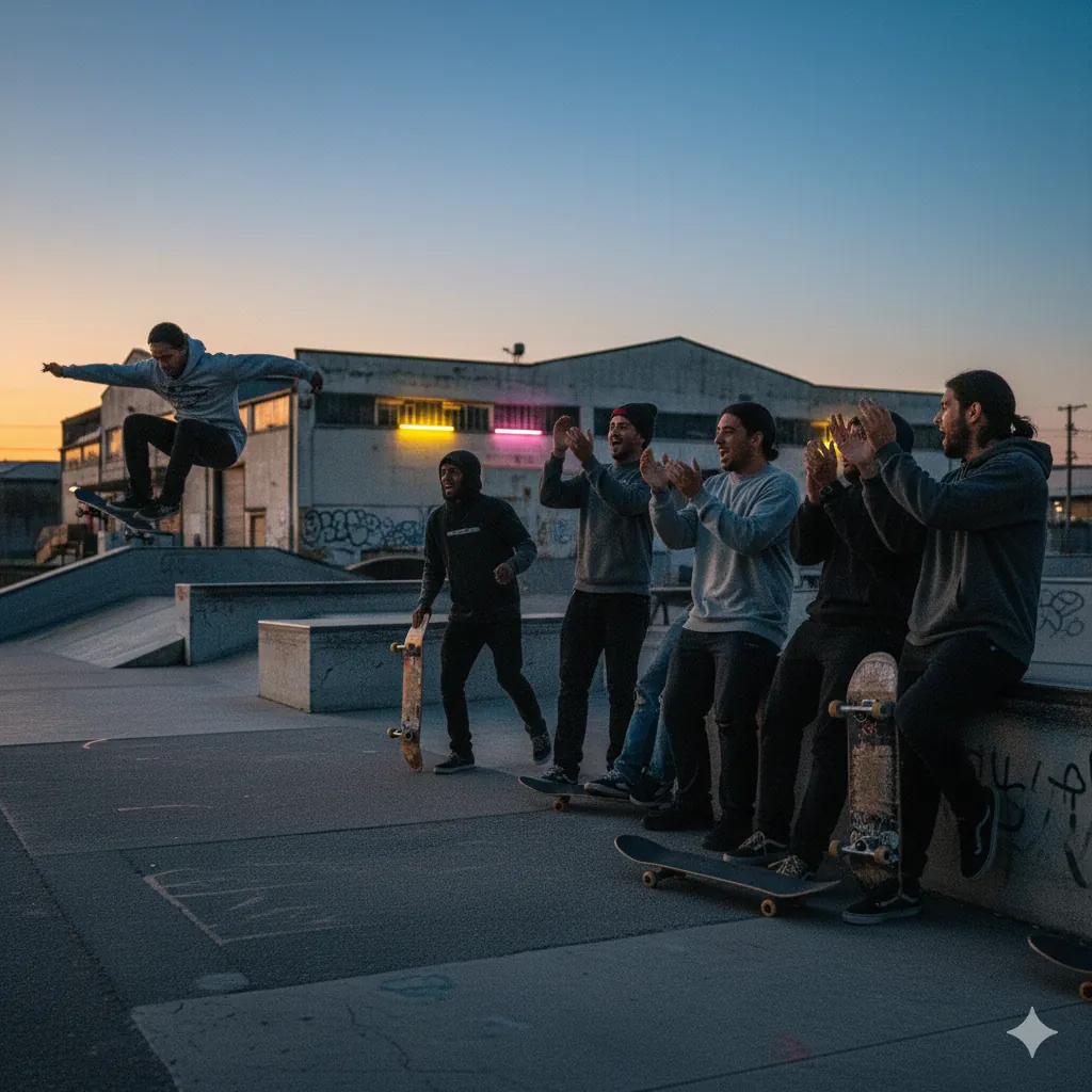 Skaters cheering a trick at sunset